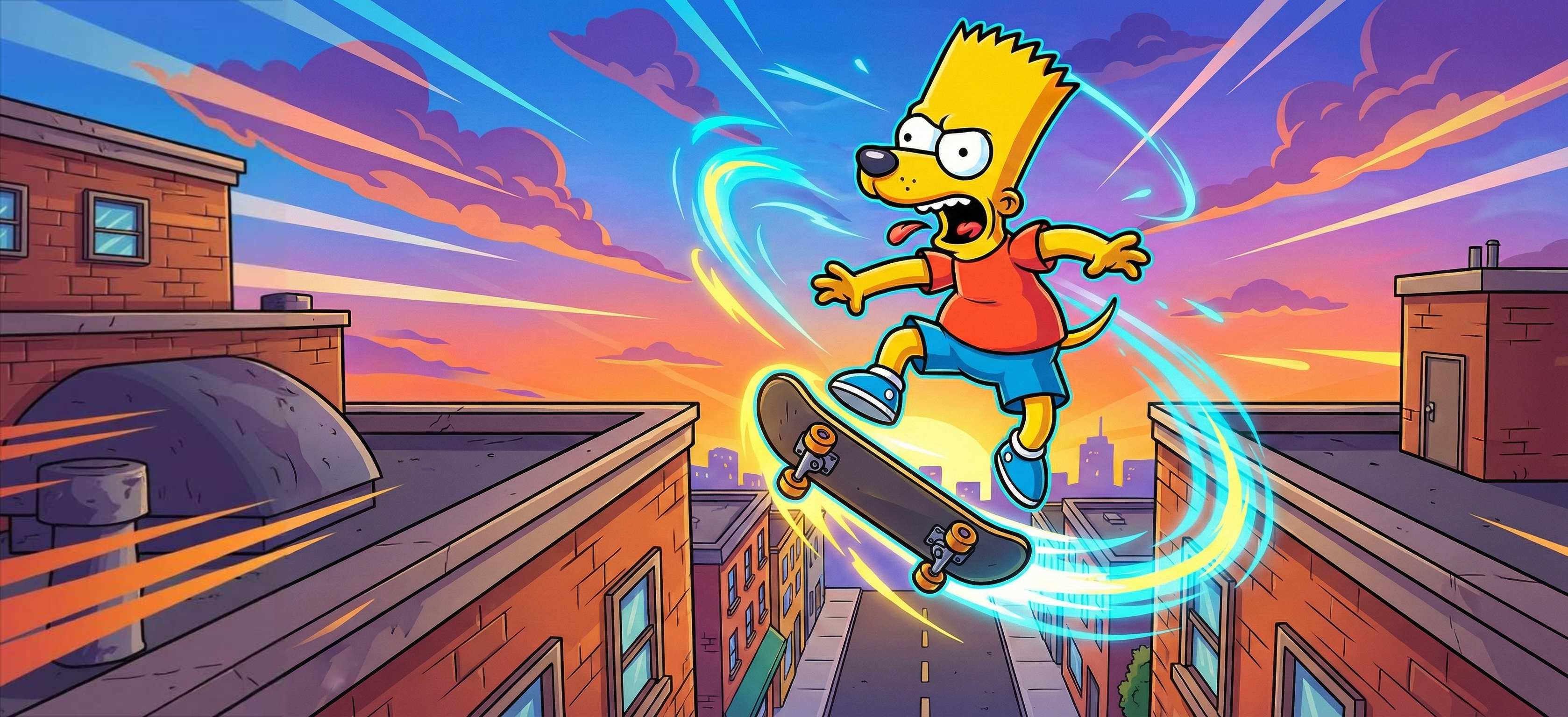 Bart Simpson skateboarding through the city